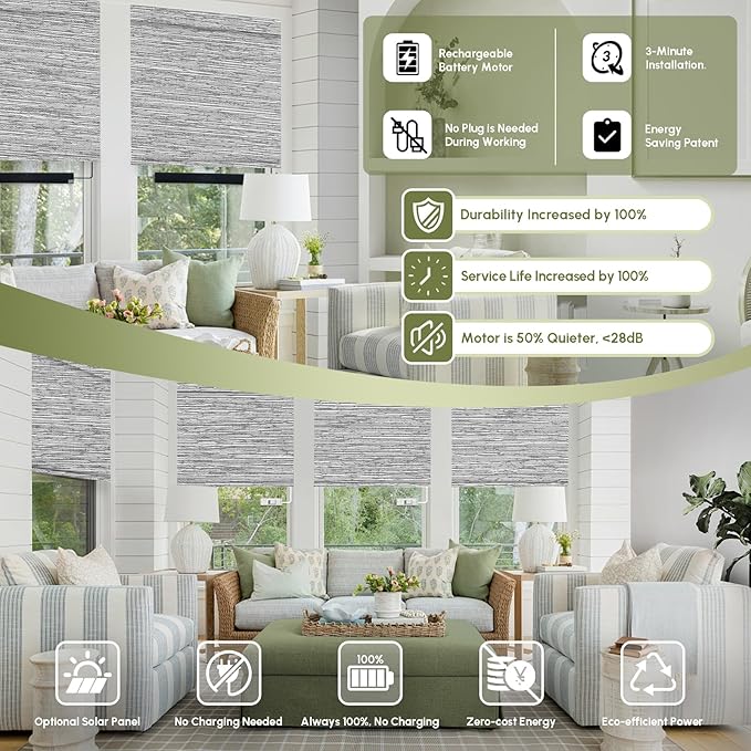 FineTell Motorized Blinds with Remote, 100% Blackout Roller Shades Compatible with Alexa,Apple Homekit,Google Home APP and Voice Control, Customized Electric Blinds (100% Blackout Dreamy Grey)