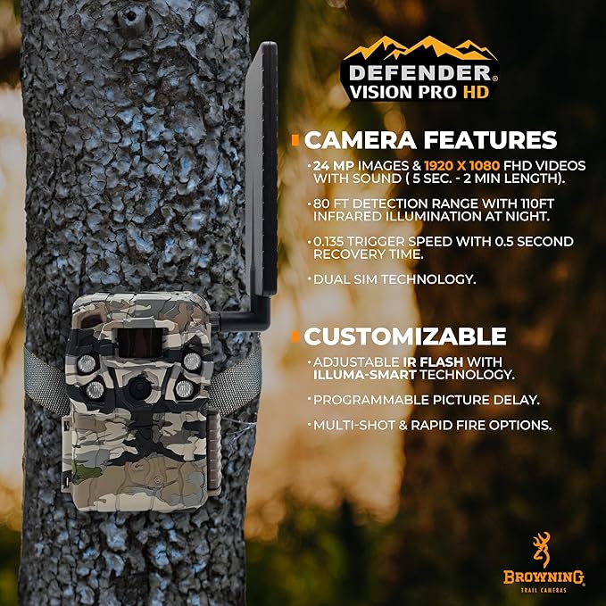 Browning Cellular Trail Camera Defender Vision Pro HD 24MP Trail Cam OVIX Camo Pattern Dual SIM Hunting Game Trail Camera, 110' Night Detection Range & Smartphone Cpompatible Camera