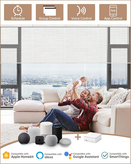 Kincmo Motorized Blinds with Remote, Light Filtering Roller Shades Work with Apple Homekit,Alexa,Google Home, Custom Electric Blinds with App,Voice Control (50% Blackout Woven Beige)