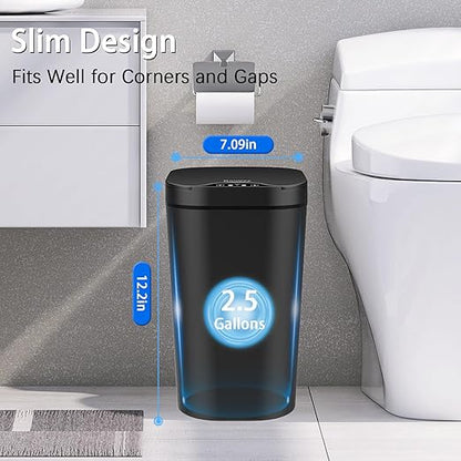 2 Pack Automatic Small Bathroom Trash Can with Lid - 2.5 Gallon Touchless Electric Garbage Can, Motion Sensor Smart Trash Bin, Slim Plastic Trashcan, Waterproof Wastebasket for Bedroom Office (Black)