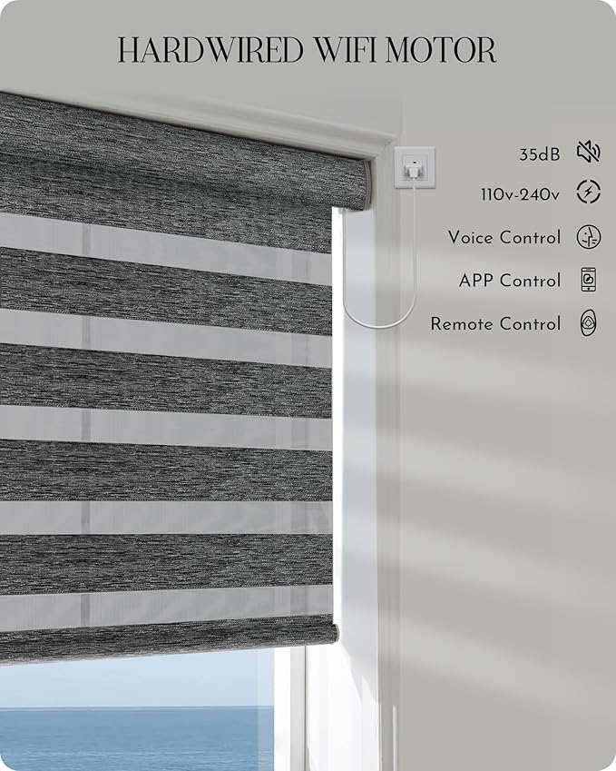 Graywind Motorized Blinds with Remote, Smart Zebra Shades for Windows, Hardwired Roller Blinds Compatible with Alexa, Apple Homekit, Google Home, Custom Size,Night Fog