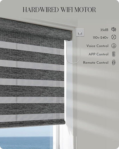 Graywind Motorized Blinds with Remote, Smart Zebra Shades for Windows, Hardwired Roller Blinds Compatible with Alexa, Apple Homekit, Google Home, Custom Size,Night Fog