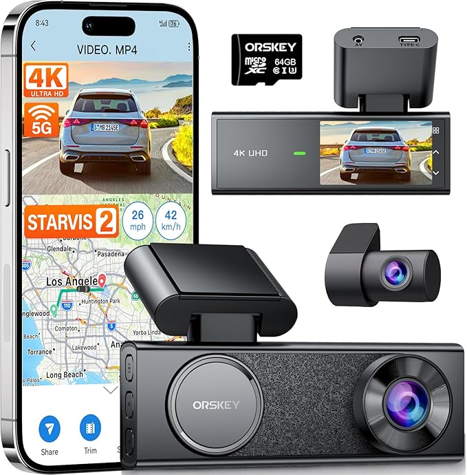 ORSKEY 4K Dash Cam Front and Rear, STARVIS 2 Sensor, 64GB SD Card Included,4K 2160P/FHD Car Dash Cam,Dash Camera for Cars with 5GHz Wi-Fi GPS, 2.45" IPS, WDR Night Vision, 24H Parking Mode