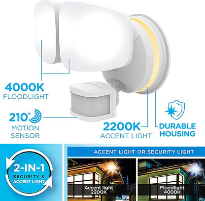 Enbrighten Vibe Smart LED Security Light, Motion Activated, Dual Head | ETL Listed, UV Resistant, 2500 Lumens, 4000K, Works with Alexa, Google Home, White, 58242