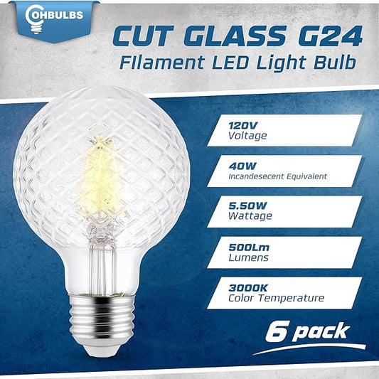 Decorative Light Bulb (6-Pack) 5.5 Watt G25 LED Filament Bulb E26 Medium Base (40W Equivalent) 3000K Warm White, 500 Lumens, Dimmable, Cut Glass Clear Decorative Light Bulbs