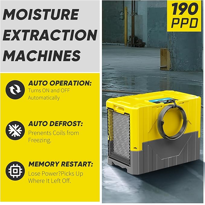190PPD Commercial Dehumidifier with Pump for Basement-6000Sq.Ft. Warehouse, Large Space Crawl Space Dehumidifier for Efficient Water Damage Restoration-Auto Defrost, Memory Starting, Yelow-2PC
