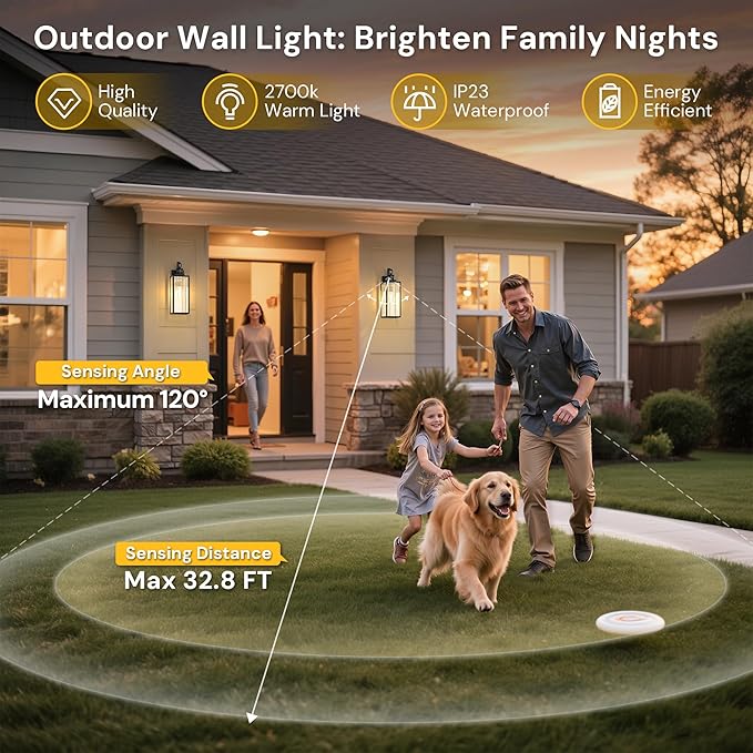 L LOHAS LED Large Size Motion Sensor Outdoor Wall Lights, 20 Inch Black Waterproof Anti-Rust Outdoor Light Fixtures Wall Mount with Clear Glass Shade for Porch, Garage, ETL Listed, 2 Pack