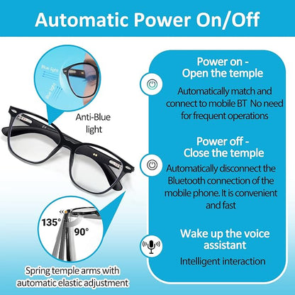 Smart Audio Glasses, Open Ear Bluetooth Sunglasses with Anti-Blue Light and UV Protection Lenses, Wireless Hands-Free Calling and Music for Driving, Business and Daily Wear