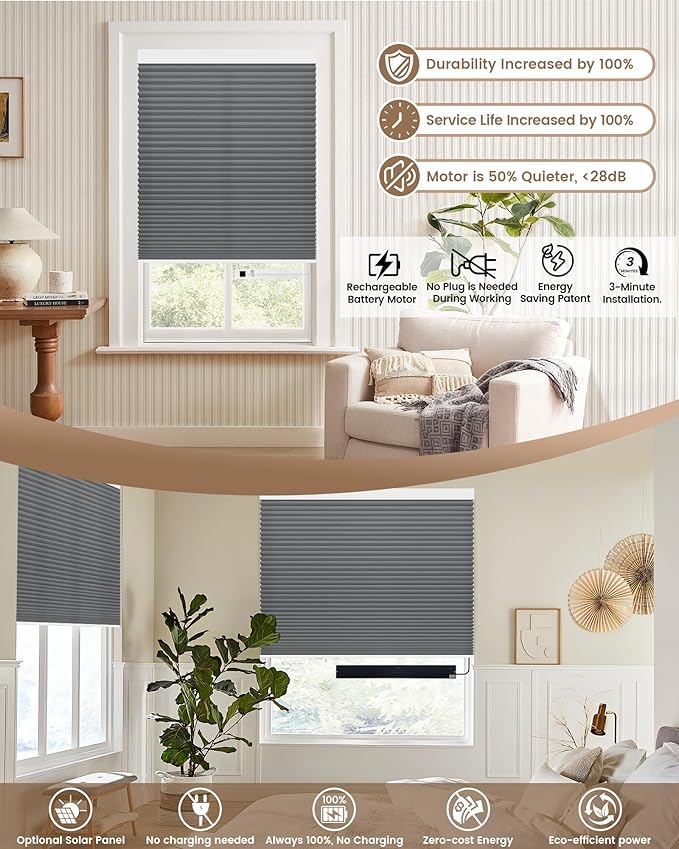 Kincmo Motorized Cellular Shades, Custom Motorized Blinds with Remote, Cordless Smart Electric Honeycomb Blinds Work with Apple HomeKit, Alexa, Google (75%-Blackout-Single-Cell Dark Grey)