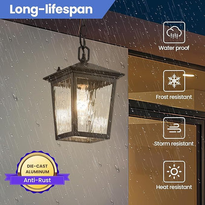 Outdoor Pendant Light, Black Outdoor Porch Light fixtures with Anti-Rust, Exterior Hanging Lantern, Height Adjustable Outside Chandelier with Water Glass for House Patio Garage