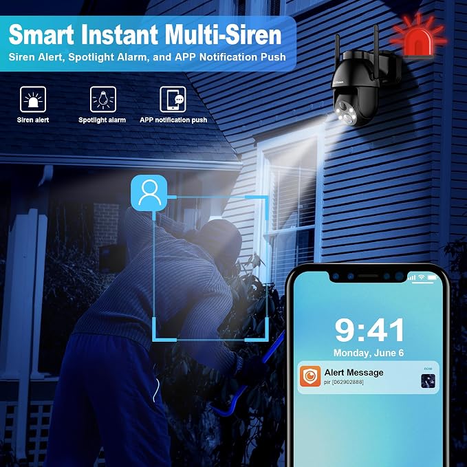 SeeVision Solar Security Cameras Wireless Outdoor, 2K PTZ WiFi 3MP Indoor Security Camera for Home with Spotlight, PIR Motion Detection,Siren, Color Night Vision, 2-Way Talk, SD/Cloud Storage