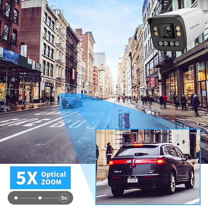 VIKYLILN 5MP Full Color PoE IP Varifocal Bullet Camera Outdoor,5xOptical Zoom IP Camera 2.7~13.5mm Motorized Lens,Smart Dual Light, 2- Way Audio,SD256GB,AI Human/Vehicle Detection