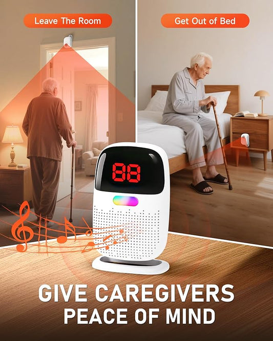 PILSAMAS Wireless Bed Alarms for Elderly Dementia Patients with Motion Sensor & Clip-On Caregiver Pager - Sensor ID Display, 1000ft Range, Room Exit & Fall Alert Devices for Elderly No Month Fee