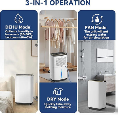 3000 Sq.Ft Dehumidifier for Basement with Drain Hose, 30 Pint Large Best Compressor Dehumidifiers for Home or Garage, Smart Humidity Control, 24H Timer & Child Lock, Ideal for Large Rooms, Garage