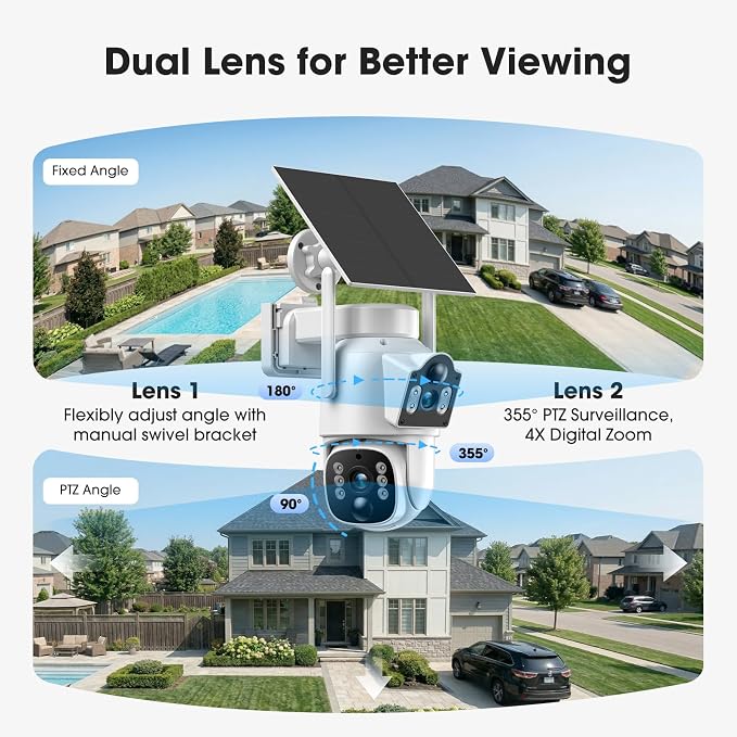 Camcamp Dual Lens Solar Security Cameras Wireless Outdoor System, 1 Camera (2 Views), 2.4/5 GHz WiFi, 2K Color Night Vision, 2-Way Audio, APP Remote, 0 Monthly Fee