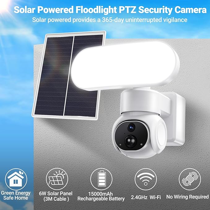 Cadrim 2K Outdoor Wireless Floodlight Security Camera-Solar Powered (64GB Local Storage), 360° Pan/Tilt AI Motion Tracking/ 1500LM Flood Light/ 2K Color Night Vision/ 2.4GHz WiFi