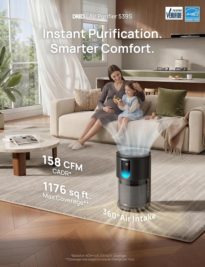 DREO Smart HEPA Air Purifier for Home, Up to 1176 ft², Air Cleaner for Large Rooms & Bedrooms, Wi-Fi/Voice/Alexa, Pets, Smoke, Dust, Pollen & Odors, PM2.5 Monitor, 4 Modes, DR-HAP009S (Dreo 539S)