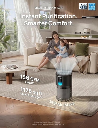 DREO Smart HEPA Air Purifier for Home, Up to 1176 ft², Air Cleaner for Large Rooms & Bedrooms, Wi-Fi/Voice/Alexa, Pets, Smoke, Dust, Pollen & Odors, PM2.5 Monitor, 4 Modes, DR-HAP009S (Dreo 539S)