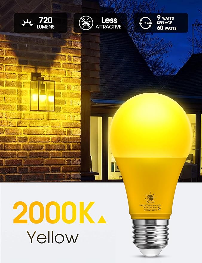 L LOHAS LED Dusk to Dawn Bug Light Bulb Outdoor, A19 Yellow LED Bug Light Bulbs, 9W Auto On/Off Bug Lights for Outside, Amber Porch Light Bulb 60W Equi, Non-Attracting, E26 Base for Backyard, 2 Pack