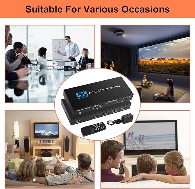 HDMI Multiviewer Switch 4X1, WrixWric HDMI Quad Multi-Viewer Seamless Switcher 4 in 1 Out with IR Remote, Support 4K 30Hz, 5 Display Modes for Security Camera, Monitor, Gaming Consoles
