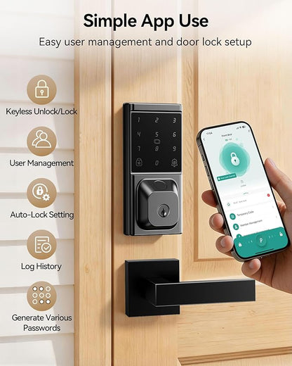 Smart Deadbolt Lock with 2 Lever Handles, Keyless Entry Door Lock Set, Fingerprint, Touchscreen Keypad, APP Control, Temporary Passcode, Auto Lock, IP54 Waterproof, Easy Install for Front Door