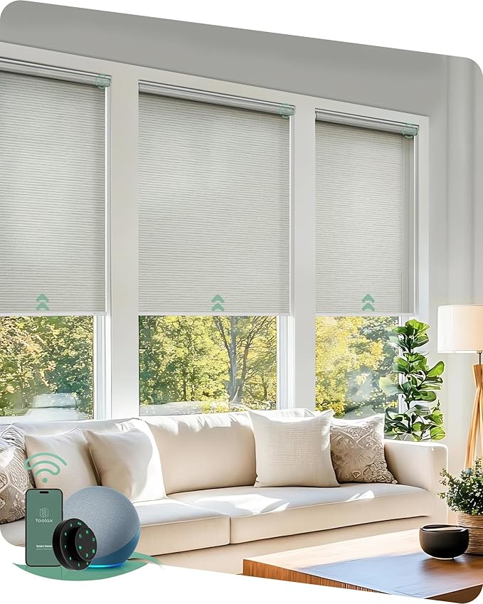 Yoolax Motorized Blinds with Remote, Light Filtering Smart Roller Shades Work with Alexa, Google, Apple Homekit, Custom Automatic Shades with Voice Control for Living Room (Horizontal Beige)