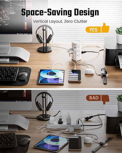 SUPERDANNY Tower Power Strip, 15Ft Extension Cord, 1700J, 12 AC 5 USB,White | 3 USB A, 2 USB C, Surge Protector Power Tower, Flat Plug, Desk Charging Station with Multiple Outlets, Home Office Dorm Room