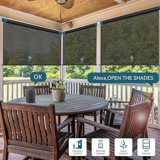Motorized Outdoor Roller Shades,Patio Roll Up Blind Work with Alexa,Google,Apple Homekit,Remote Control Sun Shade,Waterproof &Windproof Smart Blinds for Porch,Sirus Black Gold, 5% Openness