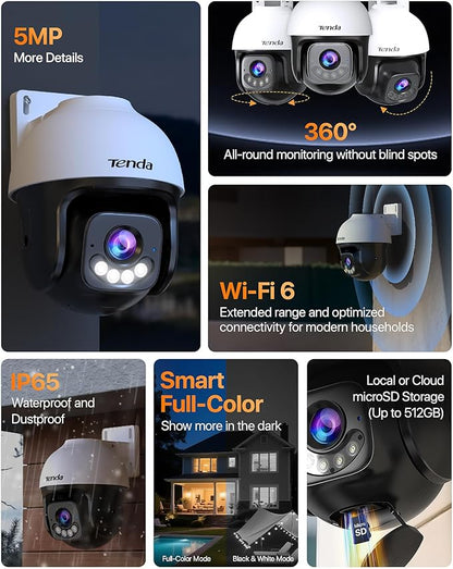 Tenda 5MP QHD Outdoor Pan/Tilt Wi-Fi Security Camera, 360° Full Coverage, Color Night Vision, AI Human/Vehicle/Motion Detection, 2-Way Talk, IP65, WiFi 6,24/7 Plug-in Guard for Your Yard (CH7 2.0)