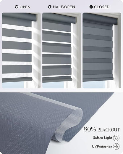 Graywind Motorized Zebra Sheer Blinds Compatible with Alexa Horizontal Light Filtering Window Shades Remote Roller Blinds with Valance for Smart Home and Office, Customized Size (Luxury Blue Grey)
