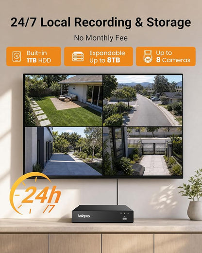 Anlapus 4K 8CH Security DVR Camera System, 4 X 8MP Pan Tilt Camera, 1TB HDD