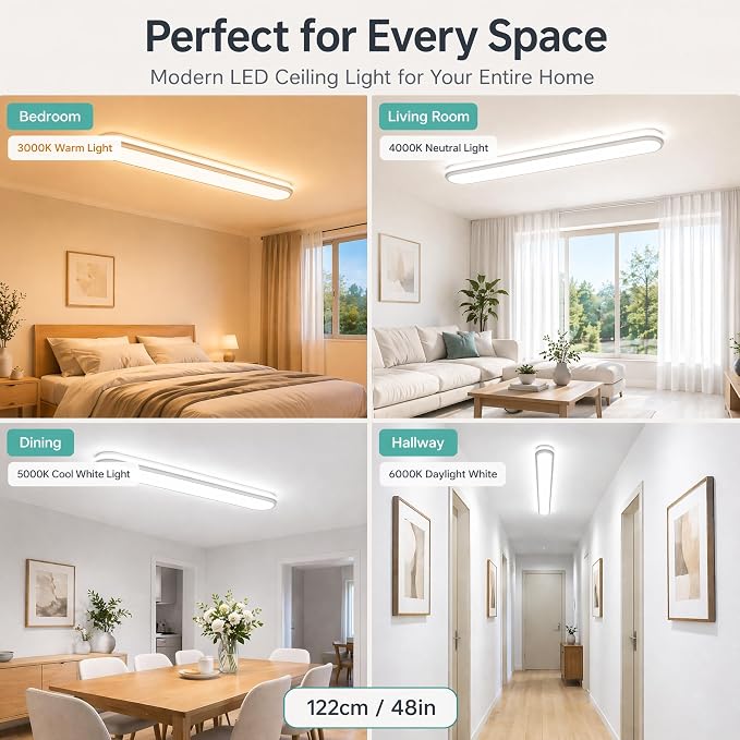 4Ft Smart Modern LED Ceiling Lights,65W Modern High Brightness Linear Flush Mount Light Fixture,48" Dimmable Led Ceiling Lamp with Remote Control for Kitchen Bedroom Living Room Hallway