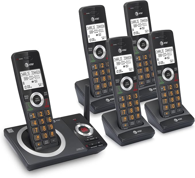 AT&T CL82519 DECT 6.0 5-Handset Cordless Phone for Home with Answering Machine, Call Blocking, Caller ID Announcer, Intercom and Long Range, Black