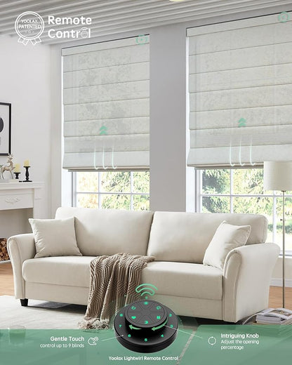 Yoolax Motorized Roman Shades with Remote, Smart Roman Shades for Windows, Semi Sheer Automatic Blinds Work with Alexa, Google, Apple Homekit for Living Room, Dining Room, Customized (Starry White)