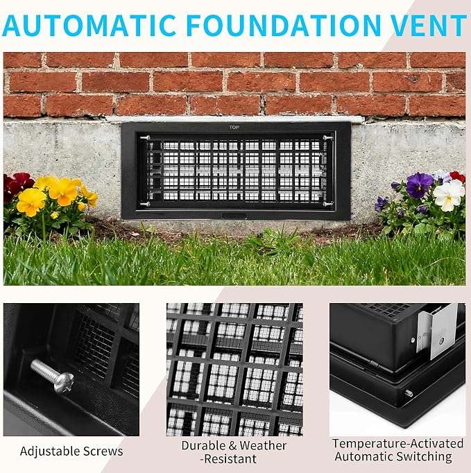 Crawl Space Foundation Vent Cover Automatic 8x16 Inch, Black 4 Pack | Auto Open/Close at 40°F-70°F, Freeze Protection & Energy Saving, DIY Replacement for House, Mobile Home & Skirting, Plastic