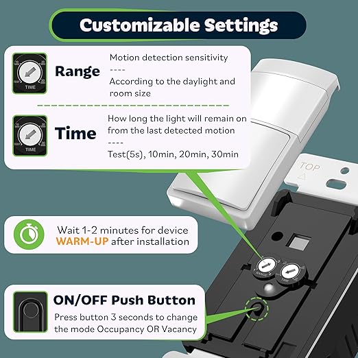 TOPGREENER PIR Motion Sensor Light Switch, Occupancy & Vacancy Motion Sensor Switch, 𝐎𝐩𝐞𝐫𝐚𝐛𝐥𝐞 𝐖𝐢𝐭𝐡𝐨𝐮𝐭 𝐆𝐫𝐨𝐮𝐧𝐝 𝐖𝐢𝐫𝐞, No Neutral Wire, Single Pole, TDOS5-HL-W-6PCS, White