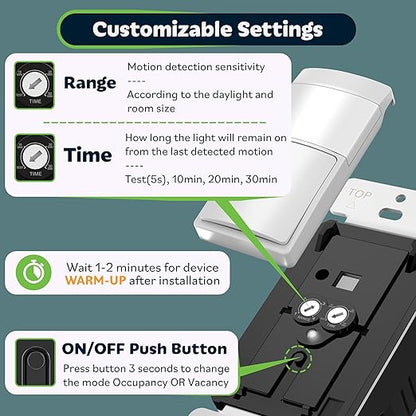 TOPGREENER PIR Motion Sensor Light Switch, Occupancy & Vacancy Motion Sensor Switch, 𝐎𝐩𝐞𝐫𝐚𝐛𝐥𝐞 𝐖𝐢𝐭𝐡𝐨𝐮𝐭 𝐆𝐫𝐨𝐮𝐧𝐝 𝐖𝐢𝐫𝐞, No Neutral Wire, Single Pole, TDOS5-HL-W-6PCS, White