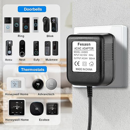 24V AC Power Supply, C Wire Adapter for Smart Thermostat, Fits for Nest Hello August Ring Door Bell and Ecobee Nest Honeywell Smart WiFi Thermostat (with 26.2 Foot Black Door Bell Wire)