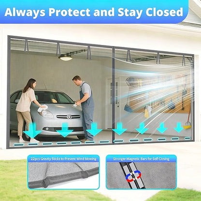 FEGO Grey Garage Door Screen for 1 Car 9x7FT, Magnetic Screen Doors with Retractable Fiberglass Mesh and Heavy Duty Weighted Bottom, Easy Assembly & Pass, Hands Free Screen Door for Entry Door
