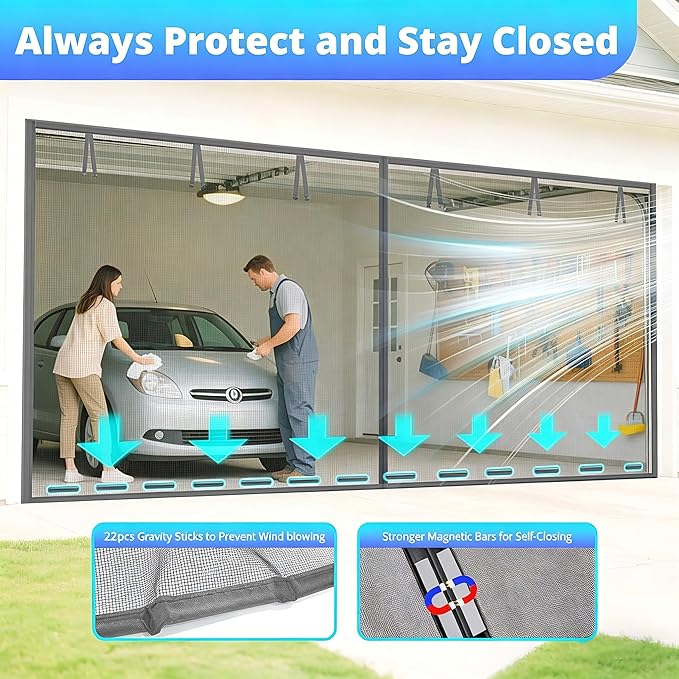 FEGO Grey Garage Door Screen for 2 Car 16x7FT, Magnetic Screen Doors with Retractable Fiberglass Mesh and Heavy Duty Weighted Bottom, Easy Assembly & Pass, Hands Free Screen Door for Entry Door