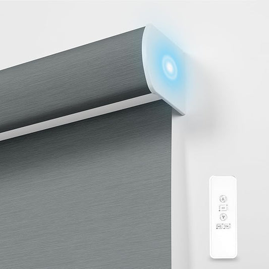 BERISSA Motorized Blinds with Remote,Blackout Smart Blinds for Windows,Jacquard Fabric,Remote Control,Thermal Insulated Automatic Blinds,Electric Blinds with USB/Solar Pannel.Silver Grey