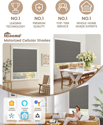 Kincmo Motorized Cellular Shades, Custom Motorized Blinds with Remote, Cordless Smart Electric Honeycomb Blinds Work with Apple HomeKit, Alexa, Google (100%-Blackout-Single-Cell Grey)