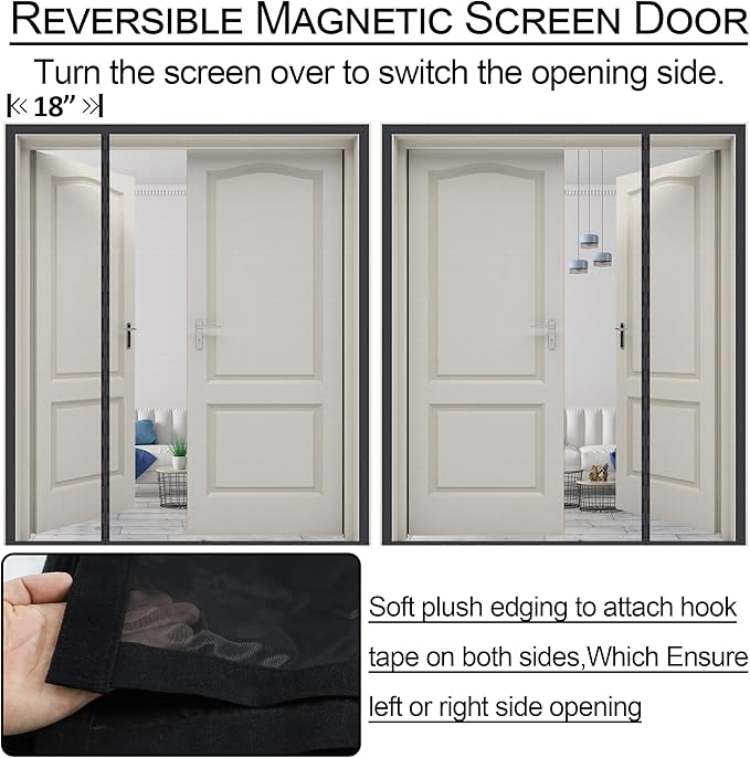 Reversible Left Right Side Opening Wide Magnetic Screen Door for Sliding & French Doors,Heavy Duty Thicker Reinforced Mesh Bug Door Screen Magnetic Closure,Screen 74" x 81",Fits Door to 72"x80"