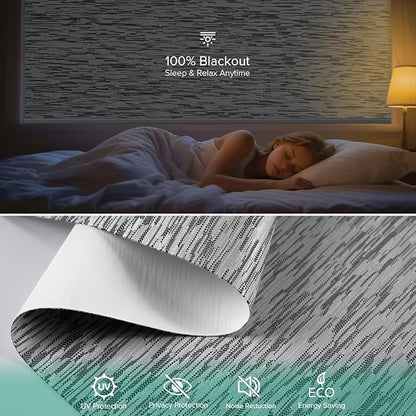 Motorized Roller Shades, 10O% Blackout Remote Control Custom Window Shades Compatible with Alexa Google Assistant via RF Hub, Rechargeable Electric Blinds for Windows (Texture Black Grey)