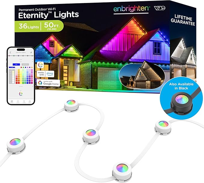 Enbrighten Vibe Eternity Permanent Outdoor Lights, 50ft, 36 RGBWIC LEDs, Smart Everyday Accent Lights, IP67 Waterproof, Works with Alexa, Google Home, White, 81102