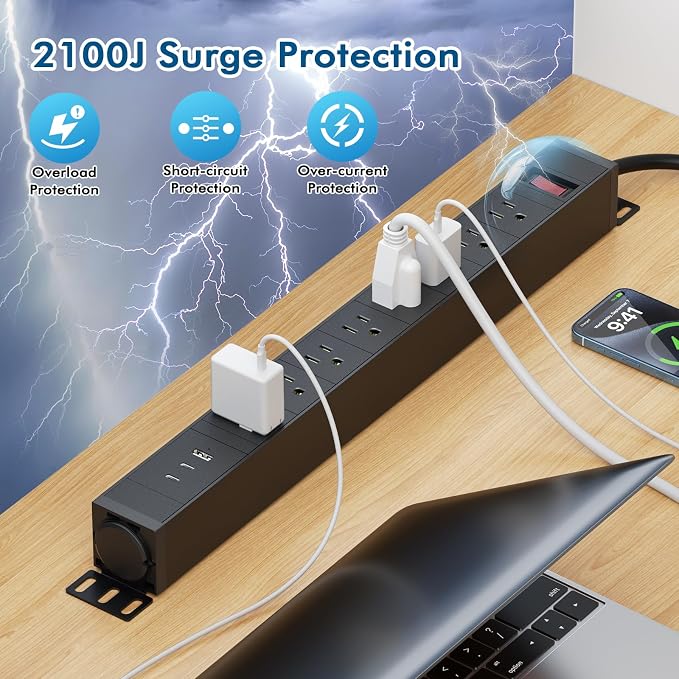 360° Rotating Mountable Power Strip with USB Ports, 8 Outlet Power Strips Wall Mount, Metal Heavy Duty Versatile Outlet with 6FT Power Cord,for Home Office Industrial Garage Commercial