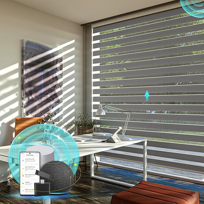Motorized Zebra Blinds with Remote, Smart Dual Layer Automatic Shades with Privacy Light Control, Cordless Electric Blackout Blind for Indoor Windows, Grey, 20" W x 72" H