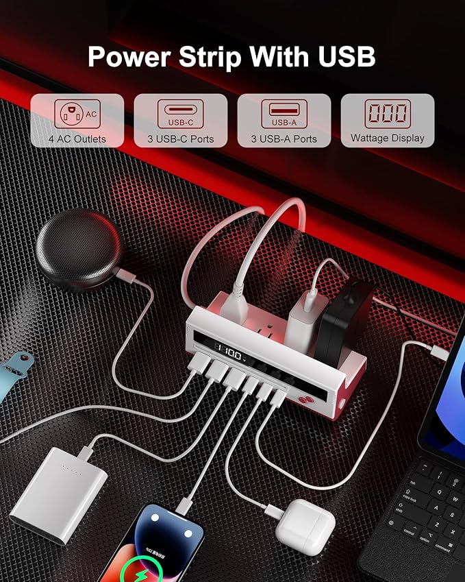 10-in-1 USB Charging Station, 4 Outlets Power Strip with 6 USB, 5 FT Long Extension Cord, 45° Flat Plug, 20W Fast Mulit Charging Station for Home Office Travel Plug Extension Outlet (Red)