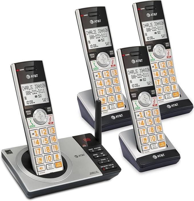 AT&T CL82407 DECT 6.0 4-Handset Cordless Phone with Smart Call Blocker, Answering Machine, Caller ID Announce, Long Range, Expandable, Silver/Black