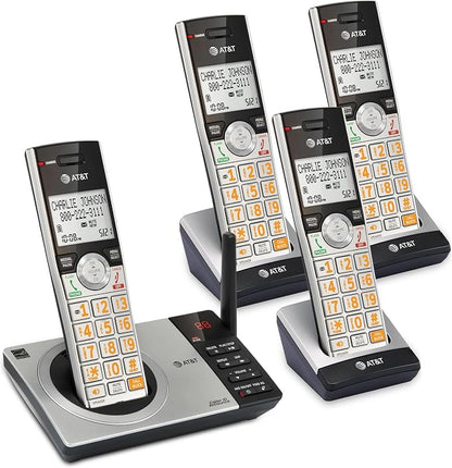 AT&T CL82407 DECT 6.0 4-Handset Cordless Phone with Smart Call Blocker, Answering Machine, Caller ID Announce, Long Range, Expandable, Silver/Black